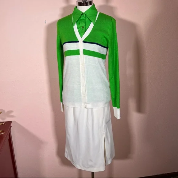 Vintage 60 70 Jantzen Kelly Green Dagger collar Sweater set pencil Skirt set - Picture 6 of 16
